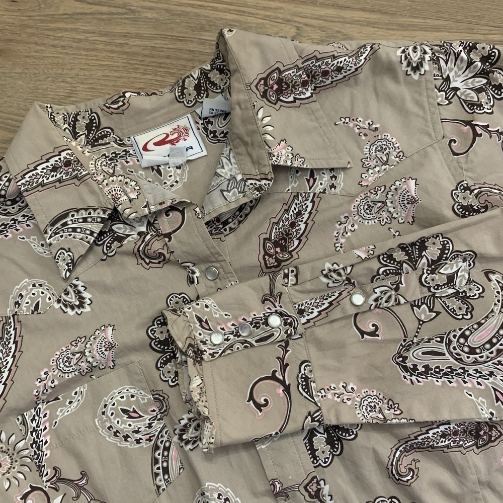 Roper Women's Tan Brown Pink Paisley Button Up Western Shirt Size XL